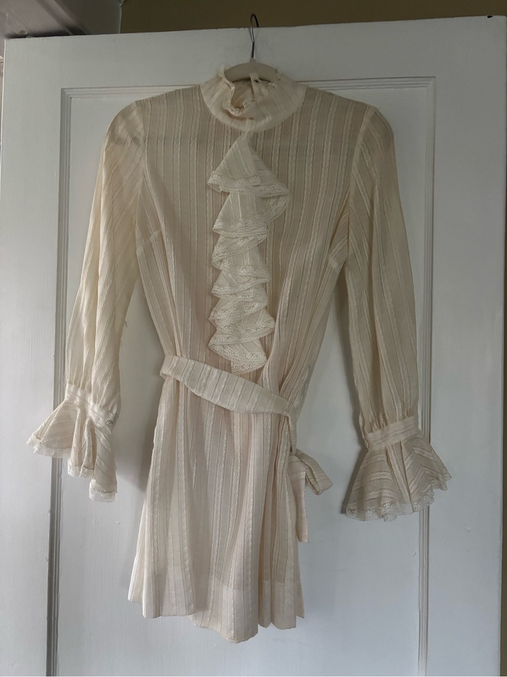 Vintage-Inspired Cream Ruffle Tie Mini Dress